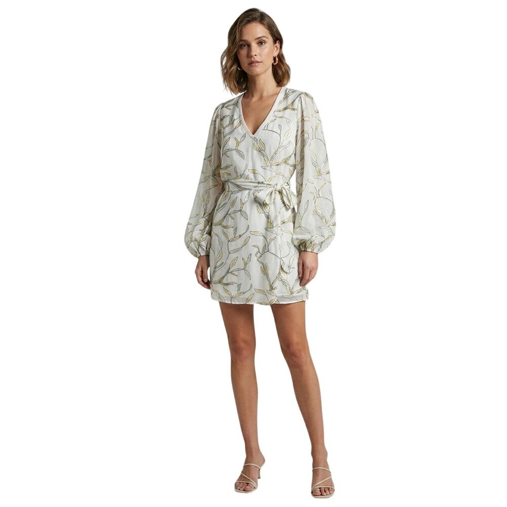 Alexis White Embellished Leaf V-Neck Long Sleeve Mini Dress Women's Size XS